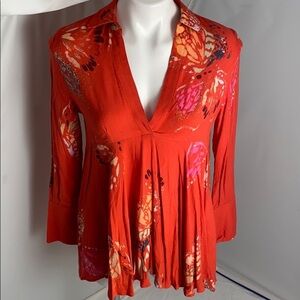 Free People Field of Butterflies tomato red empire waist v-neck tunic top